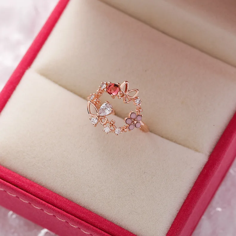 Korea\'s New Exquisite Crystal Flower Ring Fashion Temperament Sweet Versatile Love Opening Ring Female Jewelry