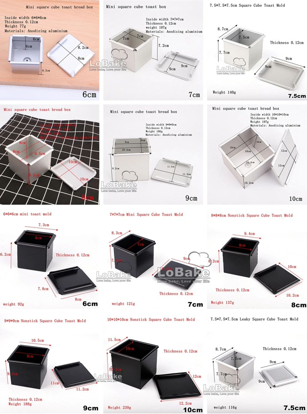 6 7 7.5 8 9 10cm Square Cube Smooth Nonstick Leaky Anodizing Aluminium Bread Box Mold with Lid Cake Toast Maker DIY Bakeware