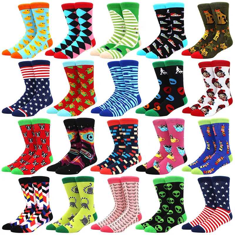 Animal cat dog alien rhombus Funny Socks Men Novelty Design Casual Dressing Color Crew Socks Happy Wedding Gift Hip Hop Unisex