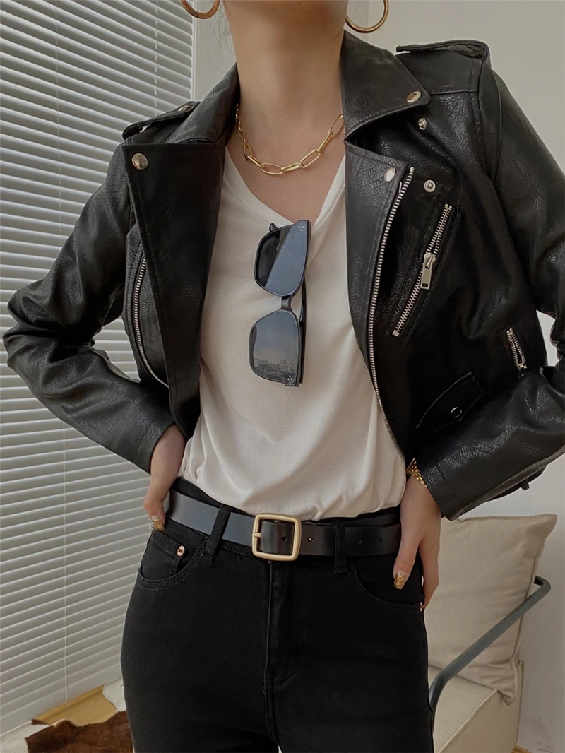 LMQ NEW 2020 Fall Winter Women PU Faux Leather Classic Moto Biker Jacket Ladies With Belt Zipper Basic Casual Outwear Coat