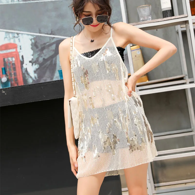 H80&S90 New Women Sexy Fashion Embroidered Sequin Bead Dress Ladies' V-Neck See Through Sleeveless Dress Female Mini Dress Tops