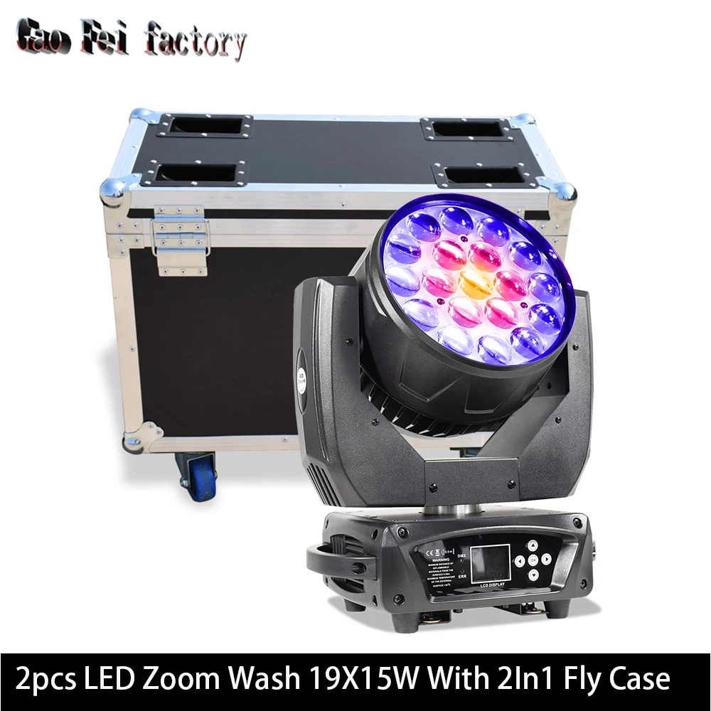 Professional Disco Dj Light Lyre Wash Zoom Beam 19X15W Dmx RGBW Stage Light Moving Head With Fly Case For Stage Wedding DJ