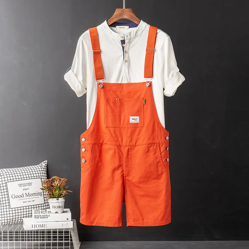 Summer Men Bib Shorts Overalls Jumpsuits Cotton Straight Loose Red Orange Yellow Khaki Hip Hop Male Solid Casual Pants Clothing