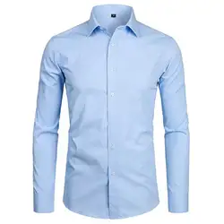 Céu azul magro ajuste camisas de vestido dos homens magro ajuste manga longa marca camisa masculina algodão de alta qualidade negócios formal camisa com bolso