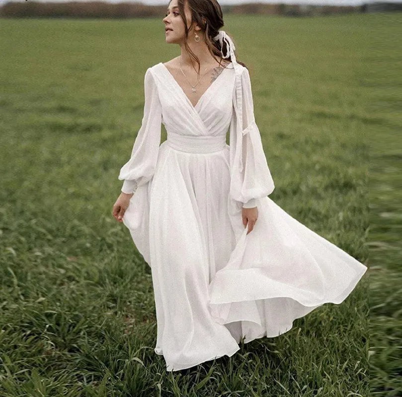 

Beach Puffy Sleeves Chiffon Wedding Dresses V-Neck Open Back Country Boho Mariage Bridal Party Gowns Customized Robe De Mariee