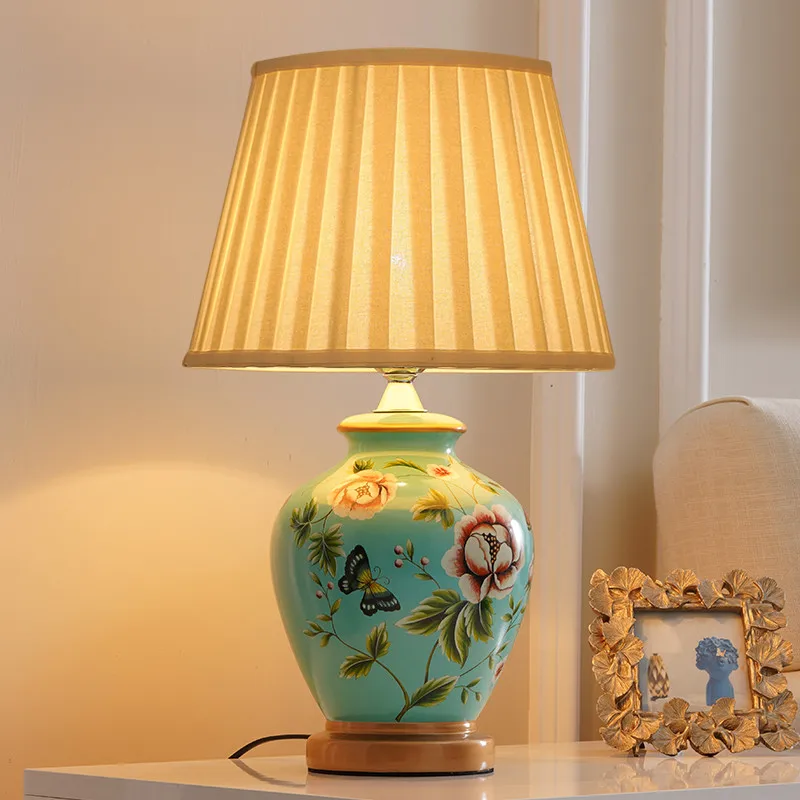 

Chinese rural blue flower&butterfly ceramic Table Lamps Dimmer/Touch switch fabric E27 LED lamp for bedside&foyer&studio MF048