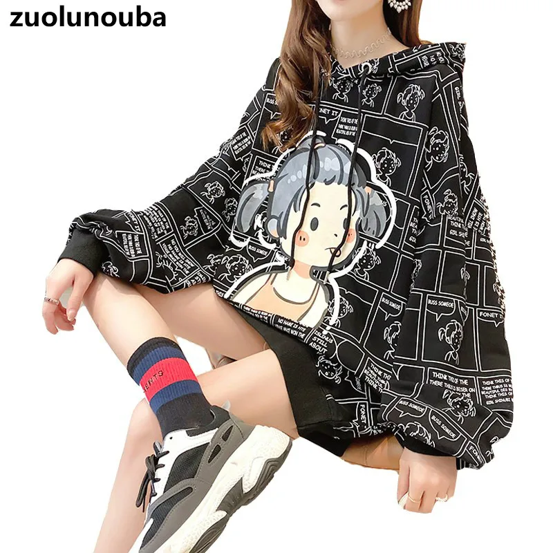 

Zuolunouba 2020 New Autumn Korean Loose Ladies Hoodie Loose Casual Slimming Harajuku Mid-length Cartoon Print Women Pullover