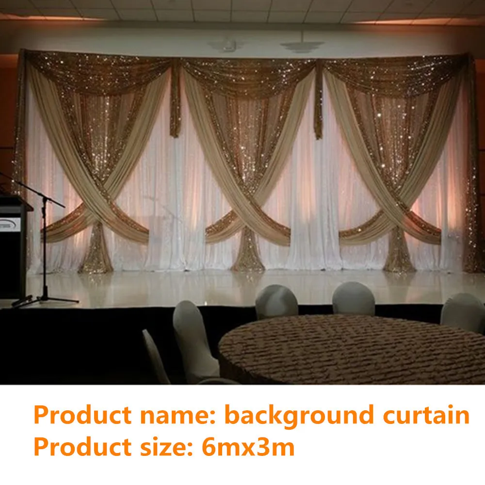 

3m*6m Luxury Wedding Backdrop With Shiny Gold Swag Wedding Drape And Curtain Wedding Decoration