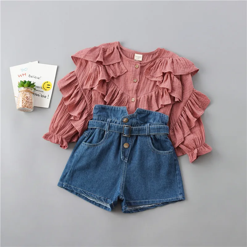 2-8 Years High Quality Girl Clothing Set New Spring Fashion Tiered Ruched Solid Shirt + Denim Pant Kid Children Clothing