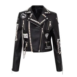 Chaqueta de cuero sintético con remaches para mujer, abrigo corto con estampado PUNK de letras, cadena de motocicleta, con tachuelas, para Otoño e Invierno