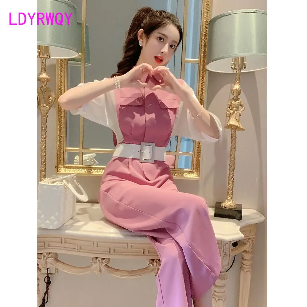 LDYRWQY Pink jumpsuit women\'s summer long small incense wind jumpsuit waist waist temperament goddess wide-leg pants