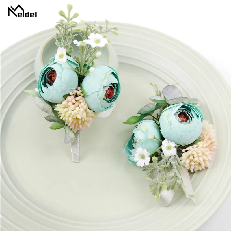 Meldel Silk Rose Corsage PIN Boutonniere สำหรับเจ้าบ่าวแต่งงานสร้อยข้อมือ Bridesmaids แต่งงาน Boutonniere พยาน Corsages