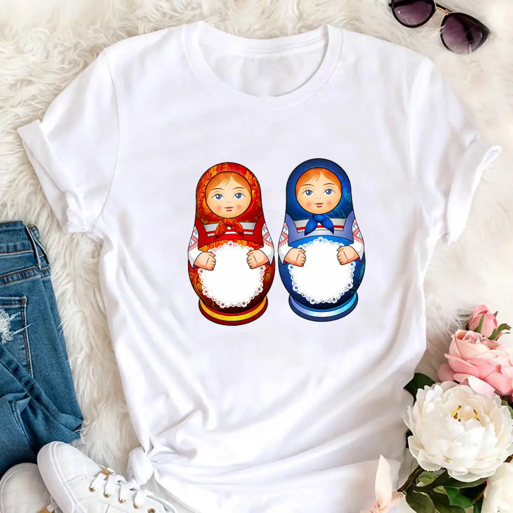 Cute Matryoshka Color Graphic Print 100%Cotton Women Tshirt Cool Girls Funny Summer Casual O-Neck Short Sleeve Top Holiday Shirt