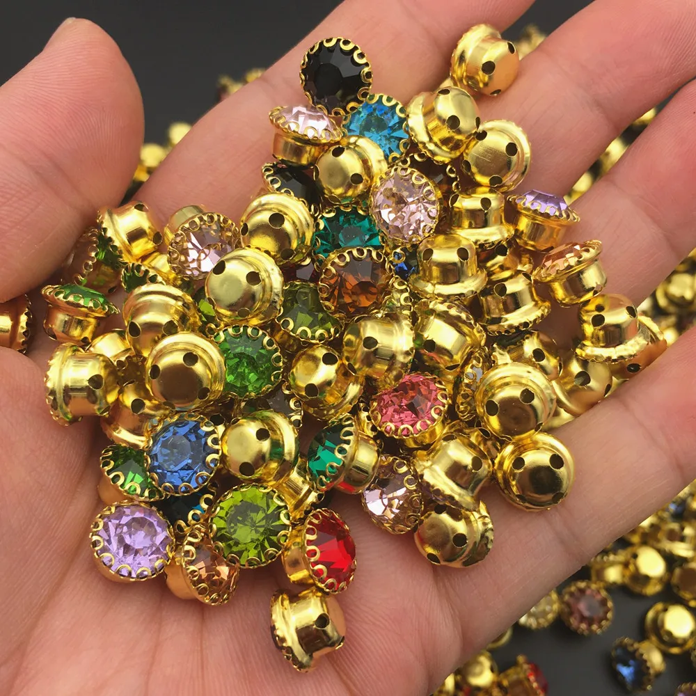 6mm 8mm Round Glass Chatons Crystal With Gold Lace Claw setting Nice Colors Sew On Rhinestone Beads Bags Wedding Dress Diy