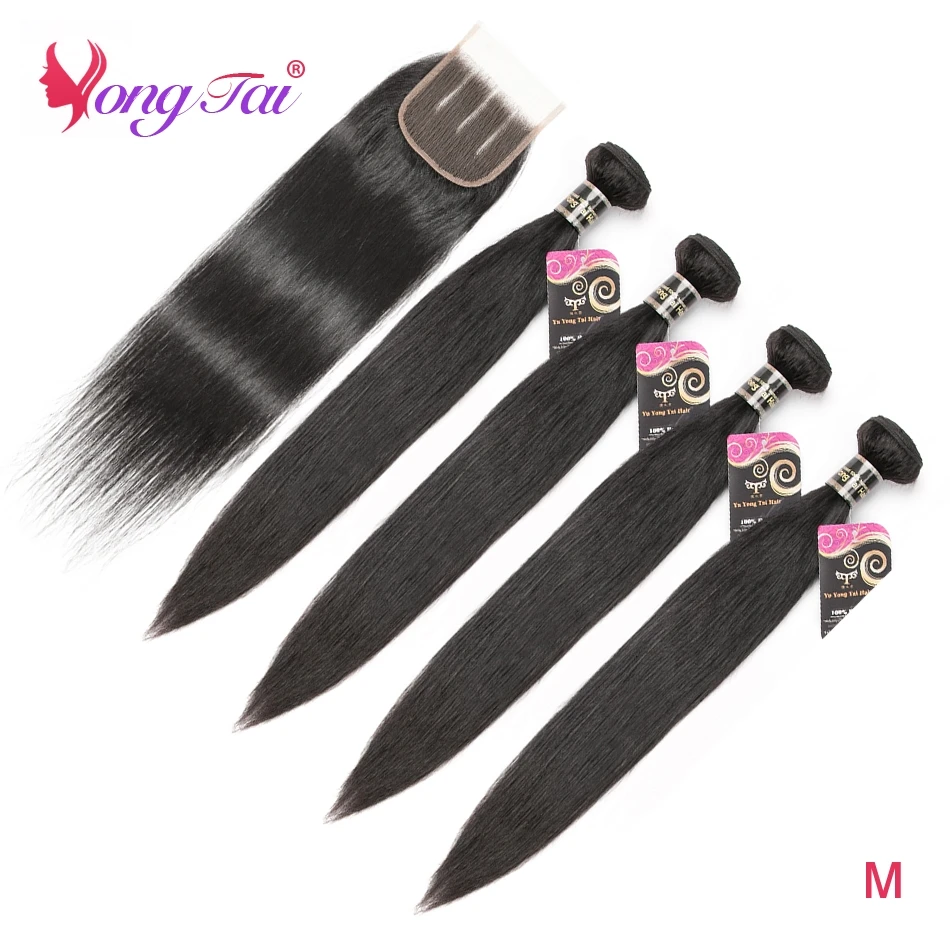 

Yuyongtai Hair Bone Straight Bundles With Closure Brazilian Human Hair 4 Bundles With 4x4 Lace Closure Non Remy Medium Ratio