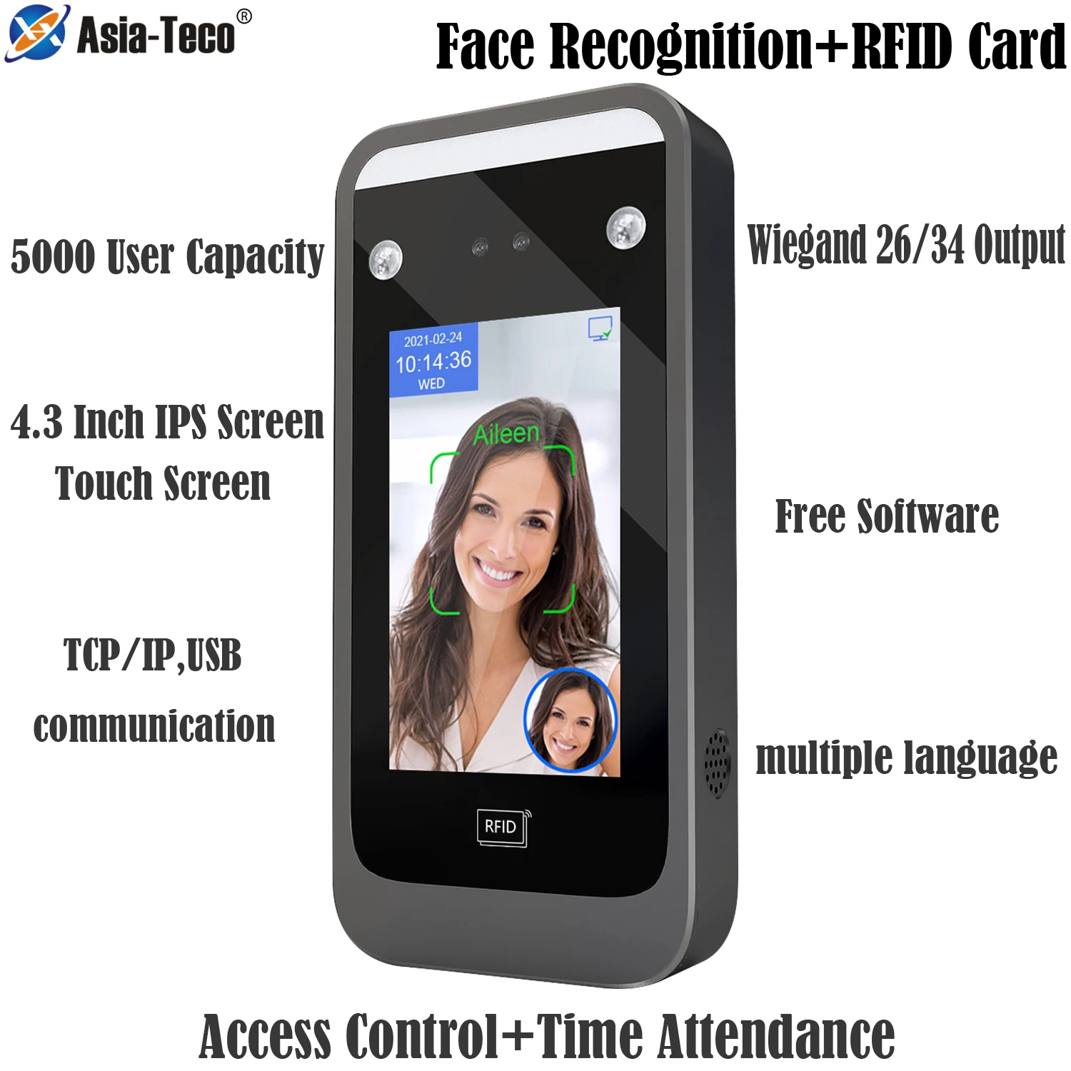 

Dynamic Face Recognition Access Control System TCP/IP No Touch Contactless Facial 125Khz RFID Card HD Camera Time Attendance