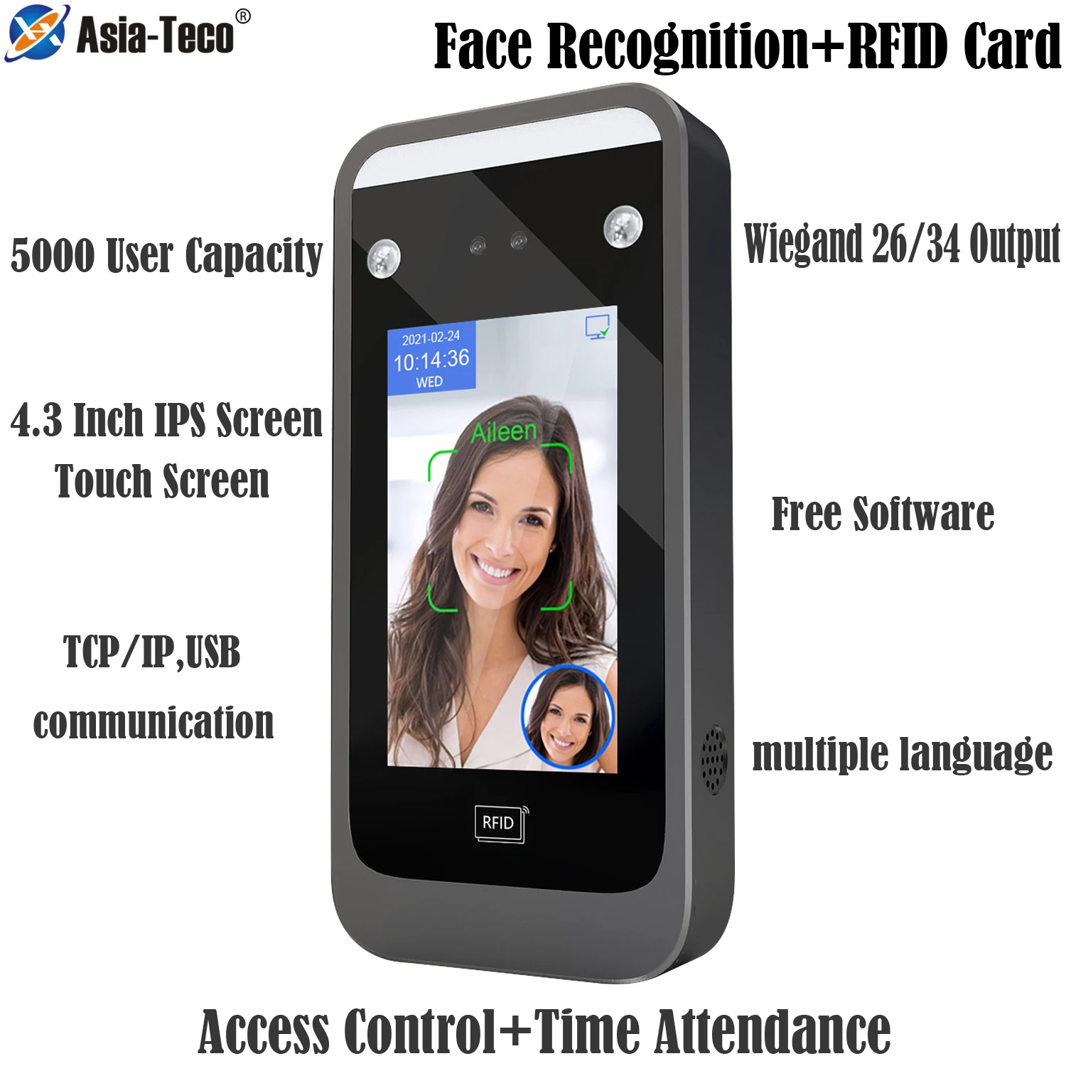 Wifi Dynamic Face Recognition Access Control System TCP/IP No Touch Facial 125Khz RFID Card HD Camera Time Attendance