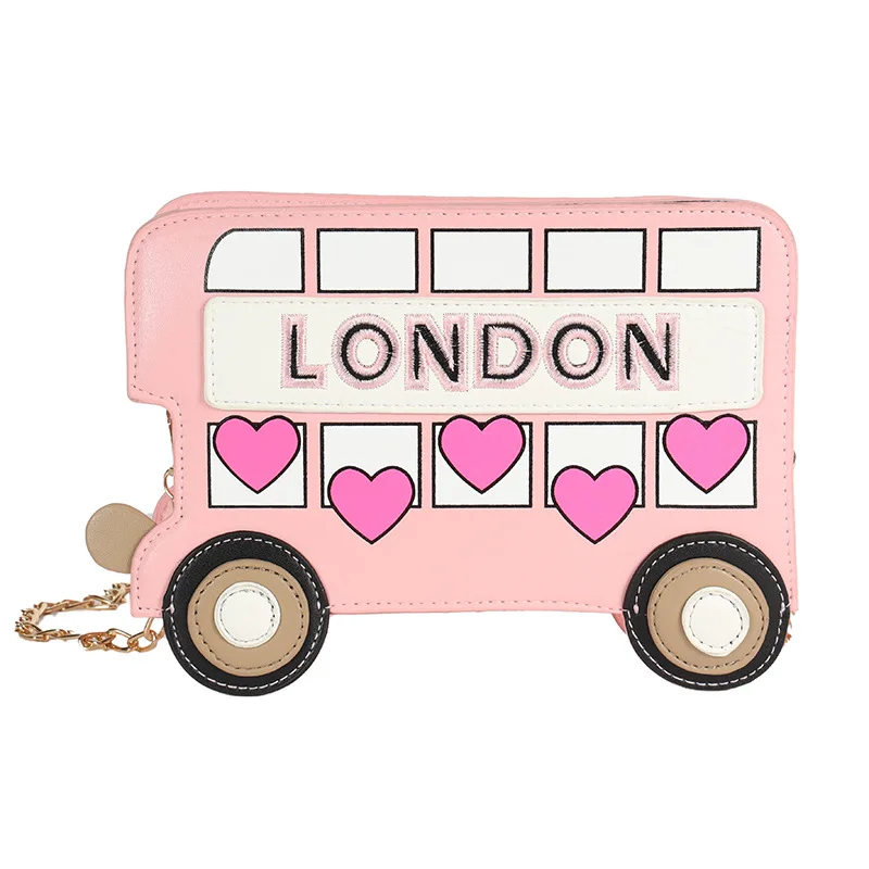 Cute LONDON Bus Design Girls Chain Shoulder Bag Embroidered Cartoon Women Novelty Purses And Handbags Fashion Red Crossbody Bag