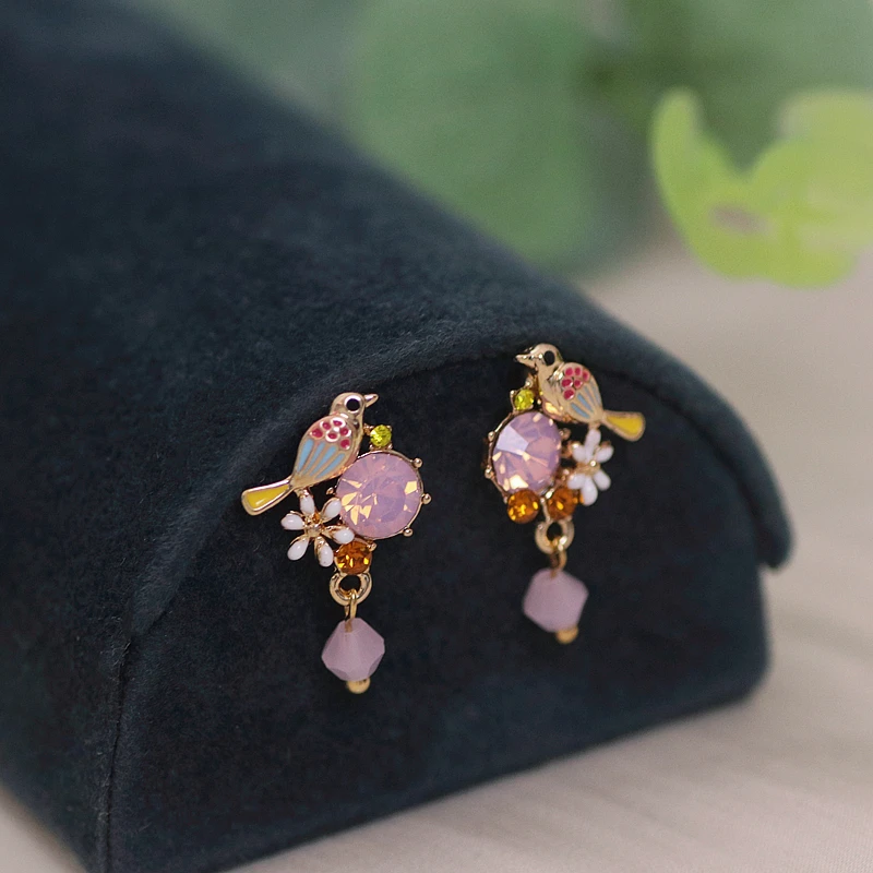 Korean Cute Rhinestone Animal Stud Earrings for Women Girls Painting Oil Lovely Flower Stud Earrings Birthday Party Jewelry Gift