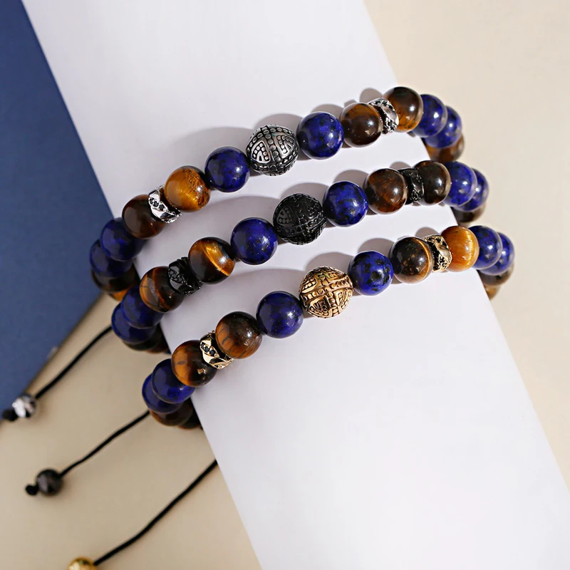 New Round Stainless Steel Beads Weaving Bracelet Homme Men Tiger Eye Beads Bracelet Adjustable Dropshipping