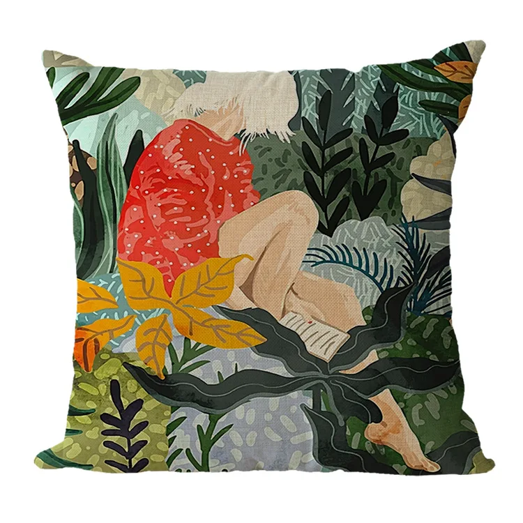 Ins paint mountain sun pillow cover Tropical Plants cotton line Pillow Case Green Leaves Throw Pillow Cover Square 45*45cm