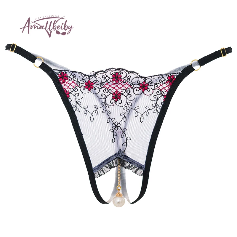 Pearl Pendant Open Thongs Women Underwear Crotchless Embroidery G String Tanga Briefs Lace Transparent Sexy Lingerie