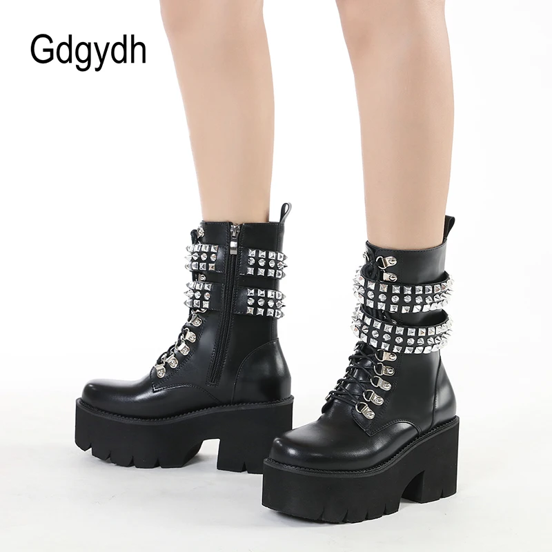 Gdgydh High Chunky Heels Boots Goth Rivets Ankle Strap Platform Boots Female Girlfriend Black Leather Mid Calf Boots Womens