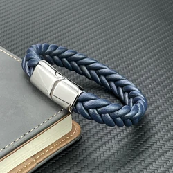 Punk Men Braided Leather Bracelet Jewelry Black/Brown/Red/Blue Stainless Steel Magnetic Clasp Fashion Bangles Charm Bracelets
