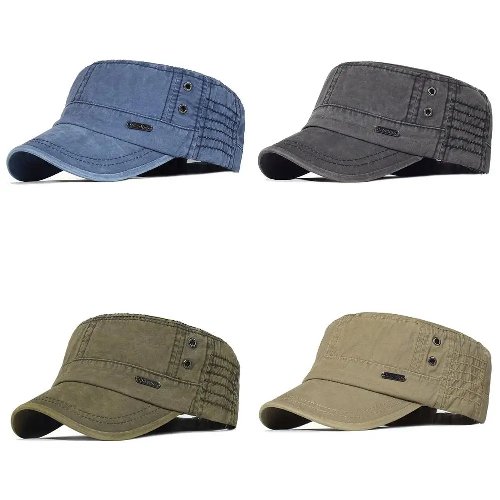 Casual Washed Cotton Flat Top Hat Adjustable Military Caps Unique Design Men Women Cadet Army Cap Unique Design Vintage Hat