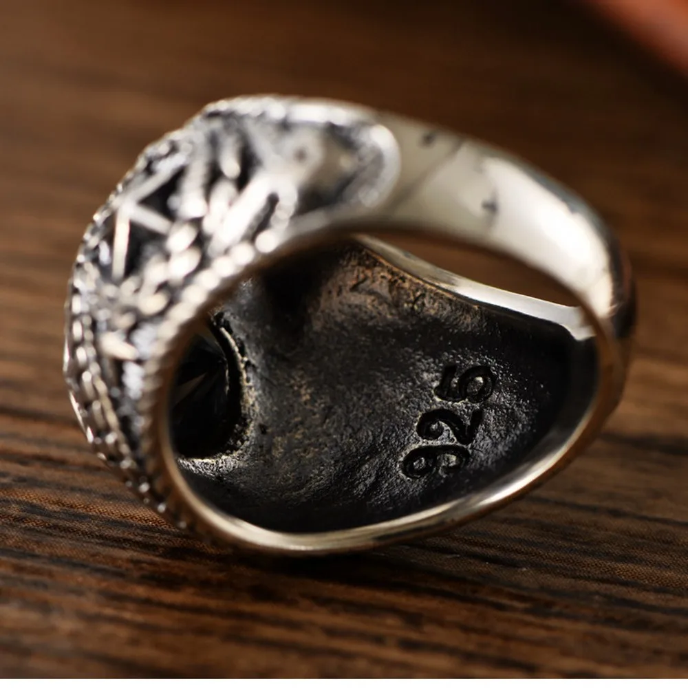 BOCAI New S925 Pure Silver Jewelry Ethnic Style Fashion Five-Pointed Star Peace and Freedom Black Agate Man Ring Wholesale