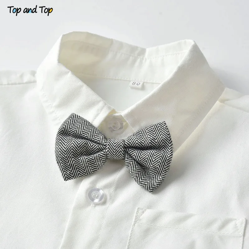 Top and Top Fashion Kids Clothing Sets Boy Gentleman Suit Long Sleeve White Bowtie Shirt+Overalls 2Pcs Clothes Outfits Tuxedo