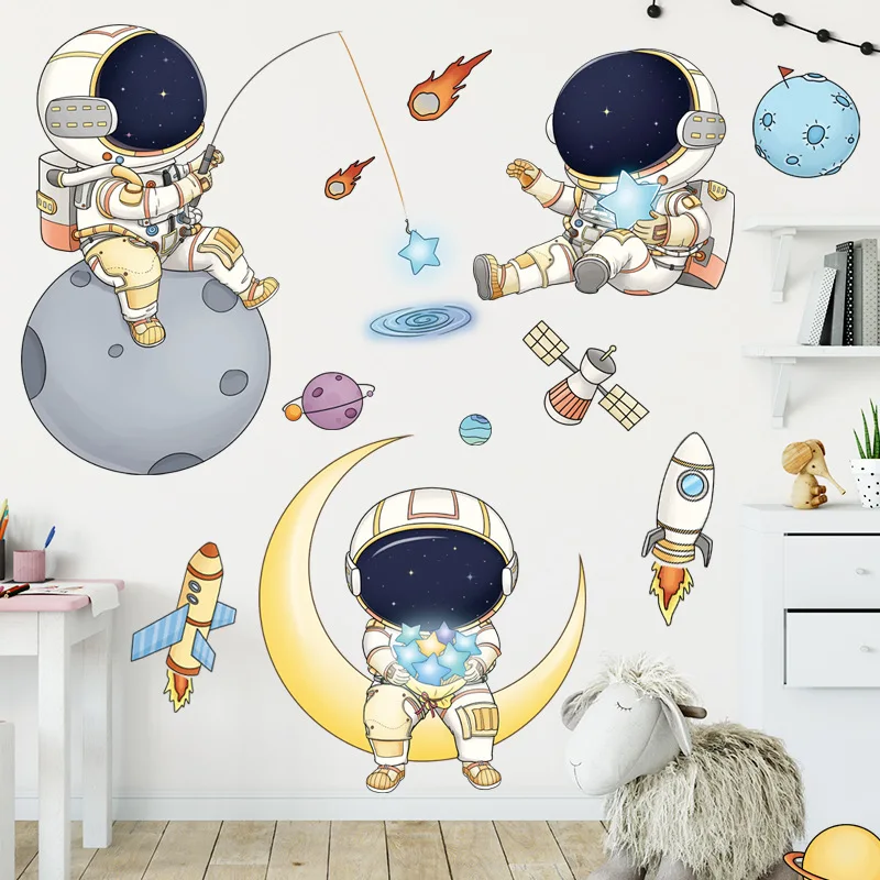 Space Astronaut Wall Stickers Children\'s Room Kindergarten Universe Starry Cartoon Cute Background Wall Wallpaper Self-Adhesive