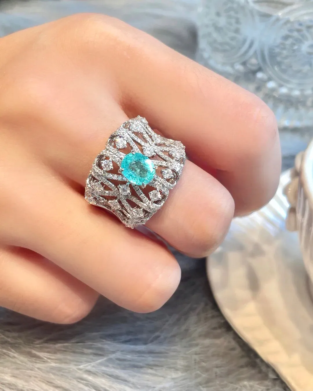 Brillian Supernatural Luxury Jewelry  AAA Zirconia Geometric Aquamarine Rings for Women Adjustable Size Prom Jewelry Gift JZ566