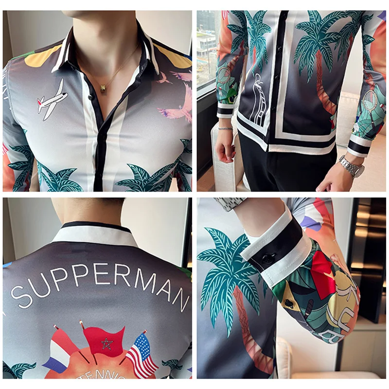 Men Long Sleeve Shirt Dress Casual Buttons Down Slim Fit Male Hawaiian Printed Shirts Blouse Club Prom Mens Korean Social Shirt