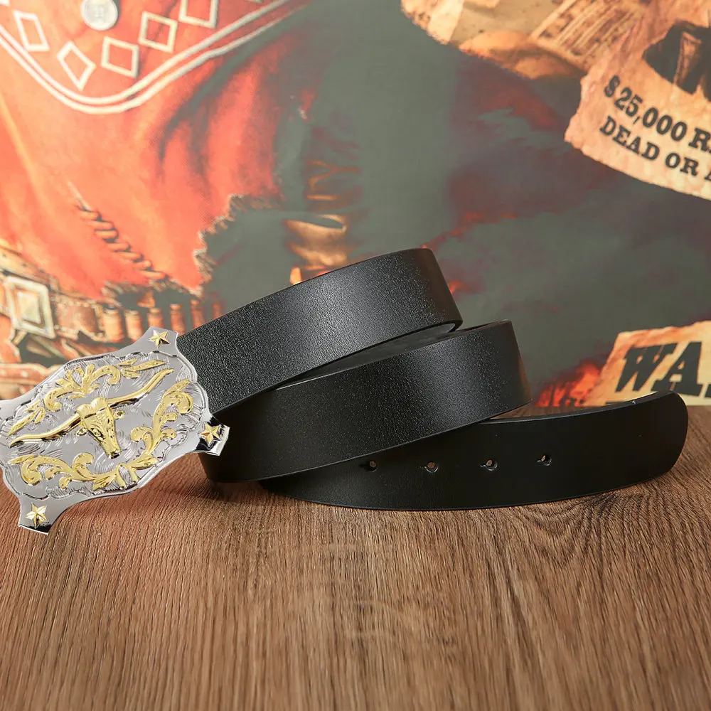 

Western cowboy zinc alloy fighting cow attitude buckle leather belt men's birthday party gift