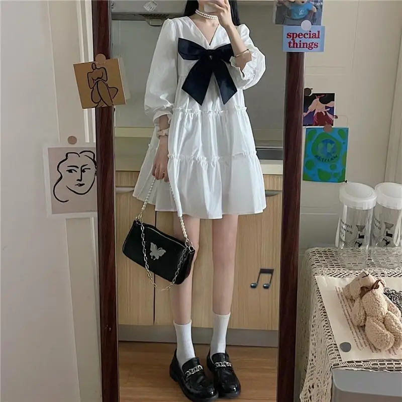 HOUZHOU White Dress Women Kawaii Bow Mini Dresses Summer Preppy Style Cute Harajuku Vintage Outfits Oversize Streetwear