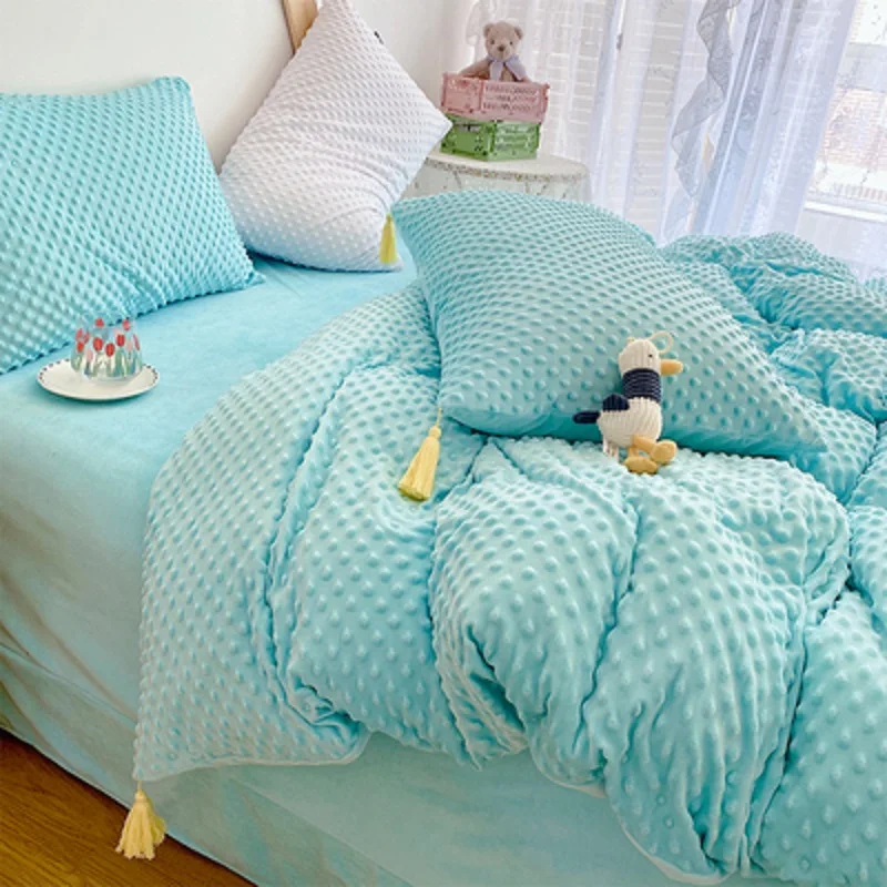 

Modern Princess Wind Pea Velvet Coral Velvet Bed Four Piece Set Sky Blue Tassel Plush Thickened Comfortable Quilt Cover Winter