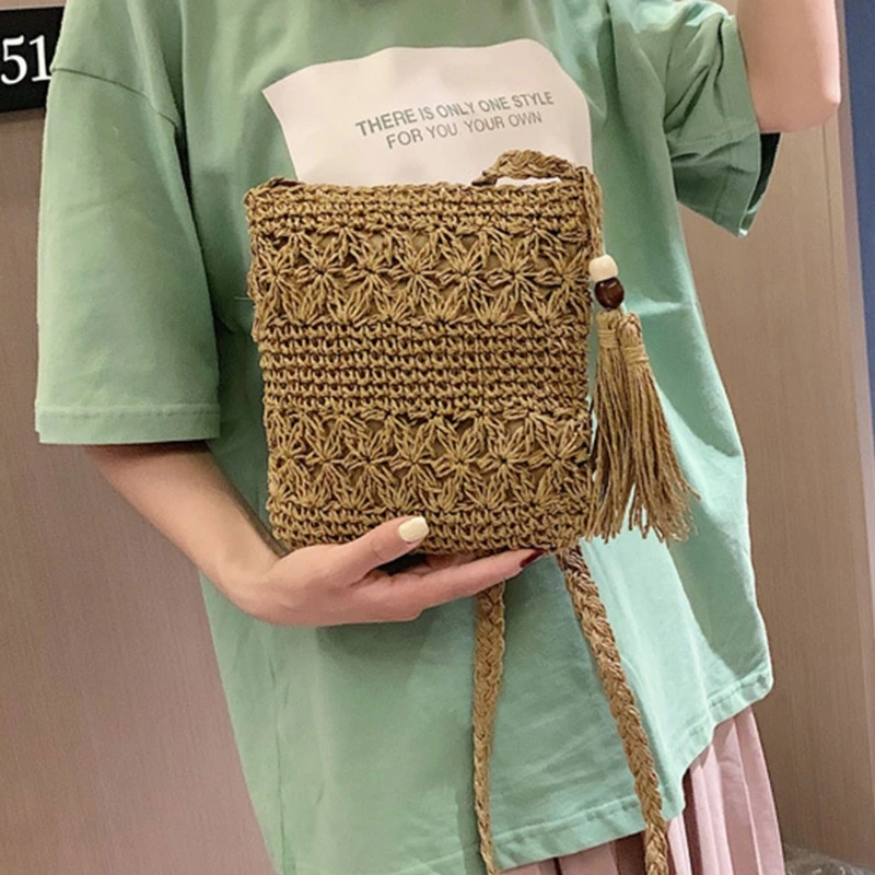 Women Beach Woven Straw Shoulder Messenger Bag with Tassel Boho Hollow Out Crochet Crossbody Handbag Macrame Purse