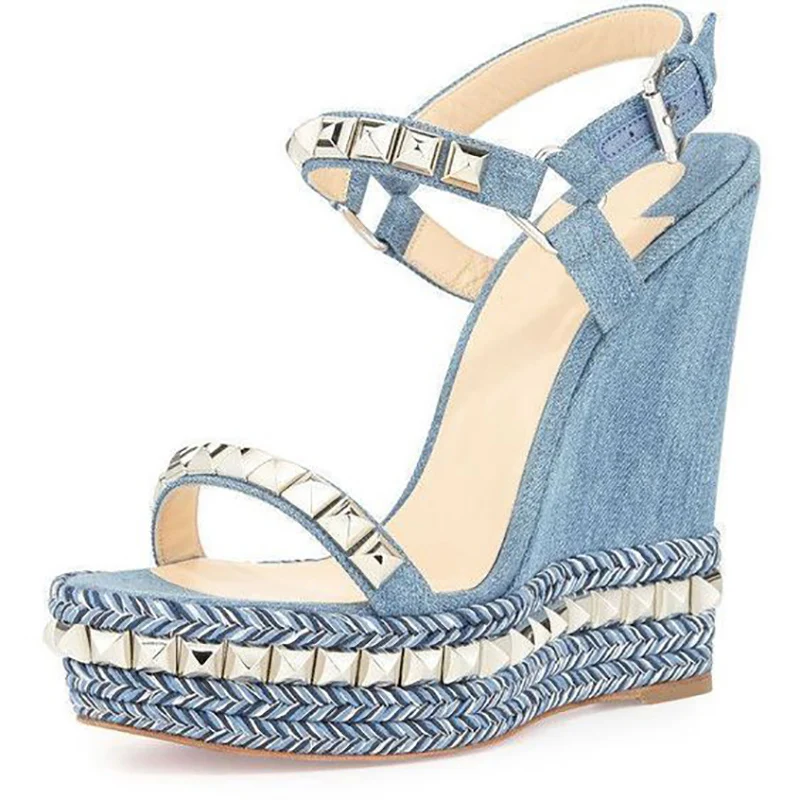 

Rivet Studded Wedges Sandals Platform Denim Blue Ankle Buckle Manufacturer Customa Made Ladies Shoes Casual Party Hot Day Shoes