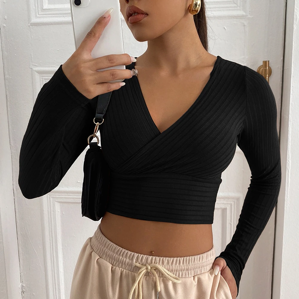 Women Basic Y2k Deep V-Neck Crop Top Sexy Long Sleeve Rib Knit Fashion Female Tee AM3468