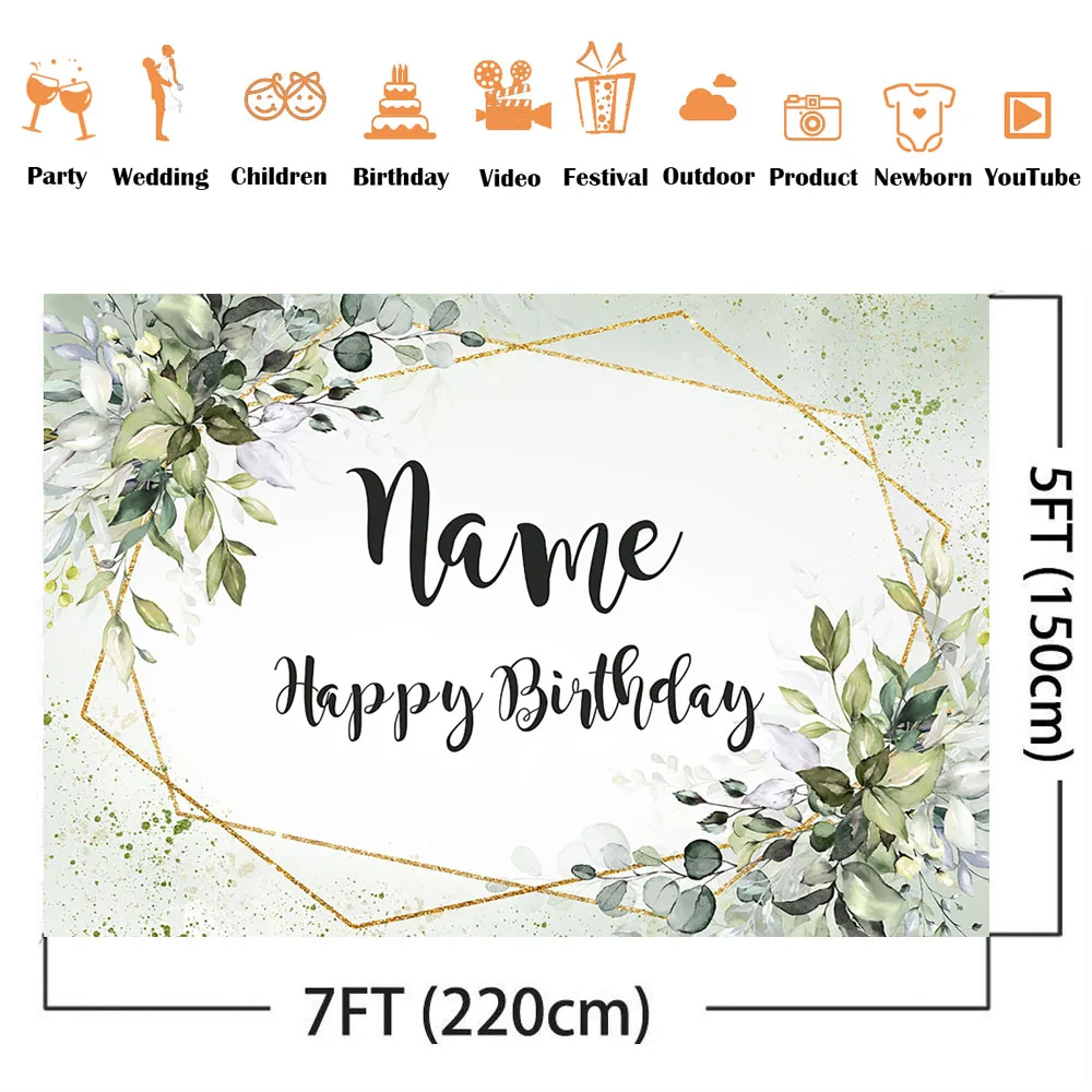 Customize Name Birthday Backdrop Green Leaves Happy Birthday Party Decoration Gold Glitter Dot DIY Personalize Baby Shower Decor