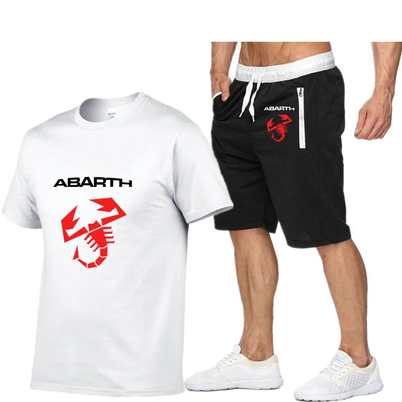 T-shirts en coton tendance pour hommes, 2 pièces, Harajuku, manches courtes + shorts, logo Abarth imprimé, été, respirant, sport de haute qualité