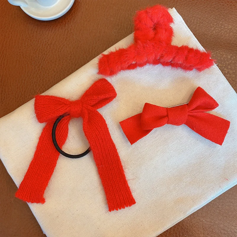 Children Cute Red Knitting Bow Heart Scrunchies Rubber Bands Girls Lovely Faux Fur Hair Clips Kids Hairpins Hair Accessories