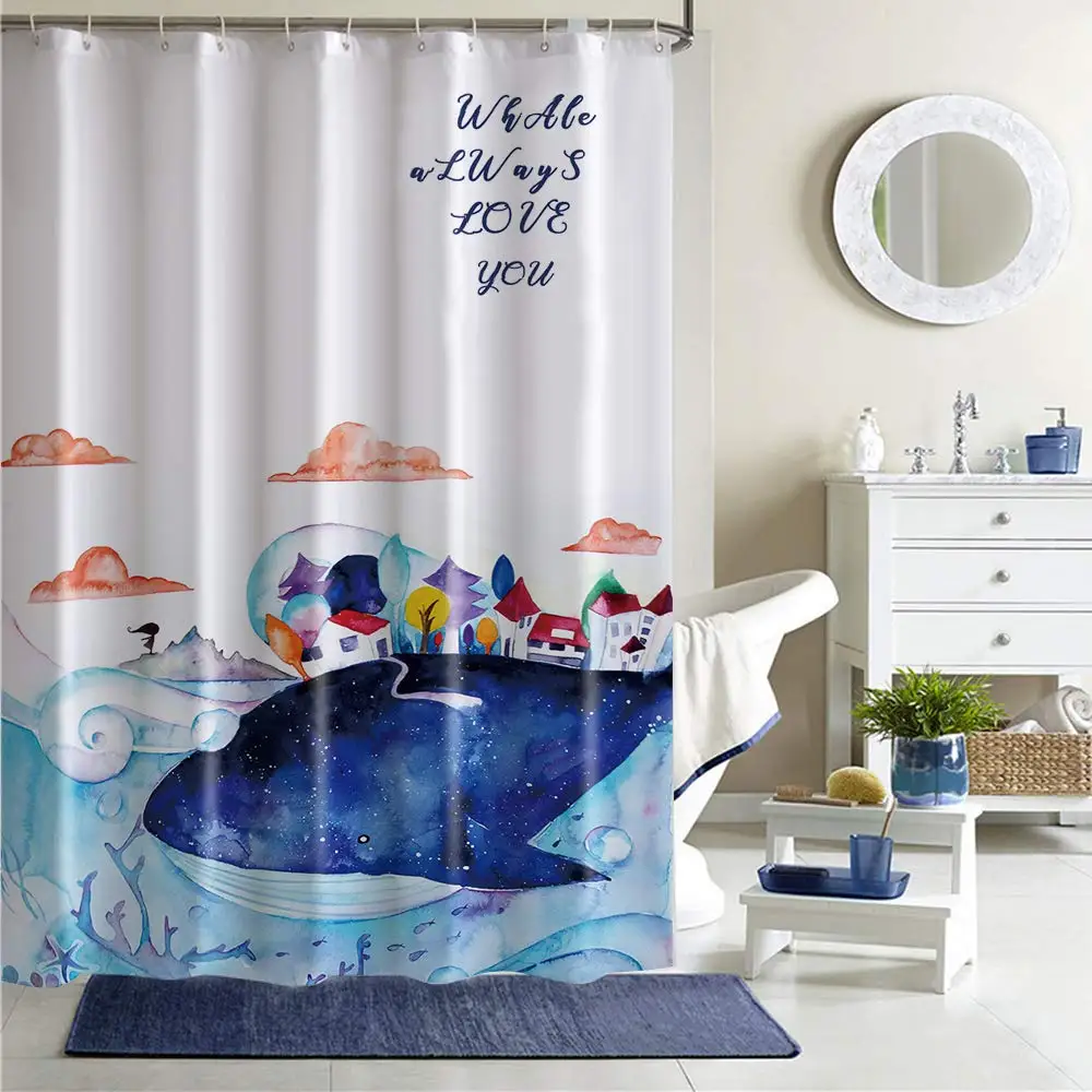 Whale Sea World Bathroom Polyester Shower Curtain for Bathroom Blue Whale