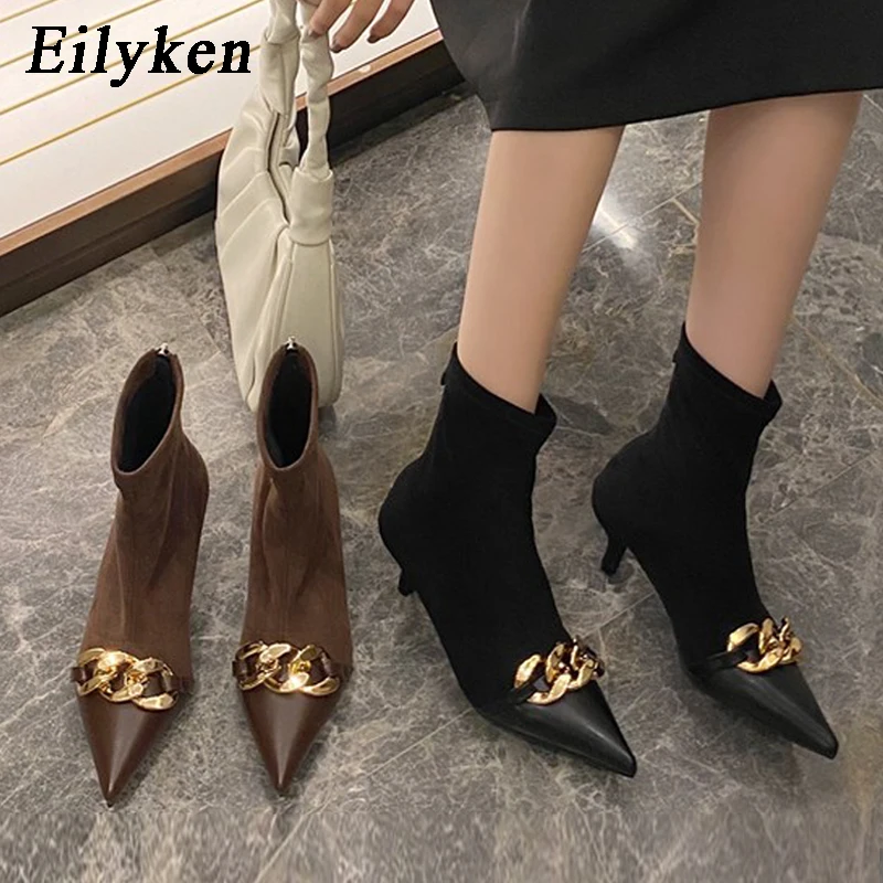 Eilyken Fashion Chain Decoration Women Ankle Boots Low Thin Heels Pointed Toe Pumps Shoes Zip Elegance Short Bootties