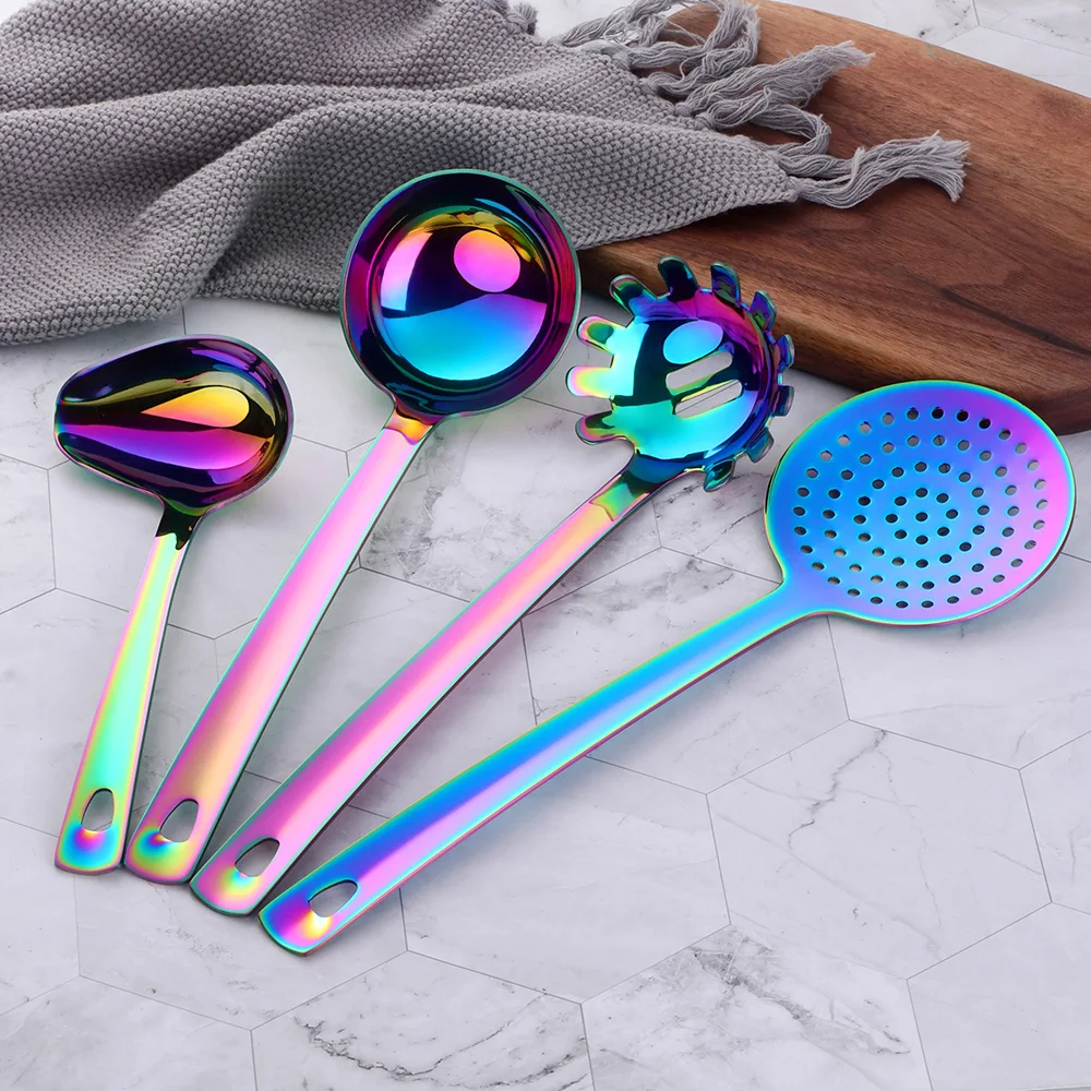 1PC Rainbow Stainless Steel Nonstick Kitchen Utensils Cooking Tool Long Serving Sets Scoop Spoon Fork Turner Ladle Cake Shovel