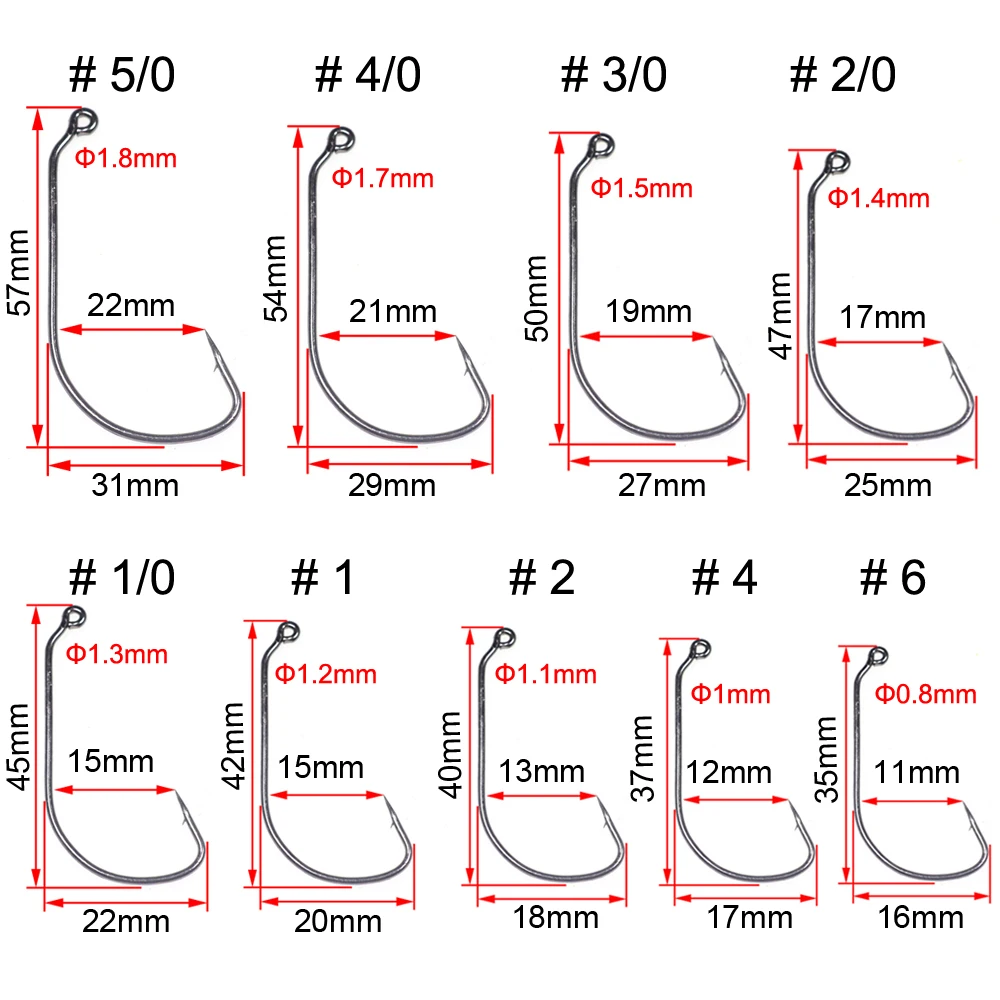 Elllv 50PCS Caroline Taxas Rig Fish Hooks High Carbon Steel Inline Worm Hook Long Shank Wide Gap Bass Fishing Jig Hook #6-#5/0