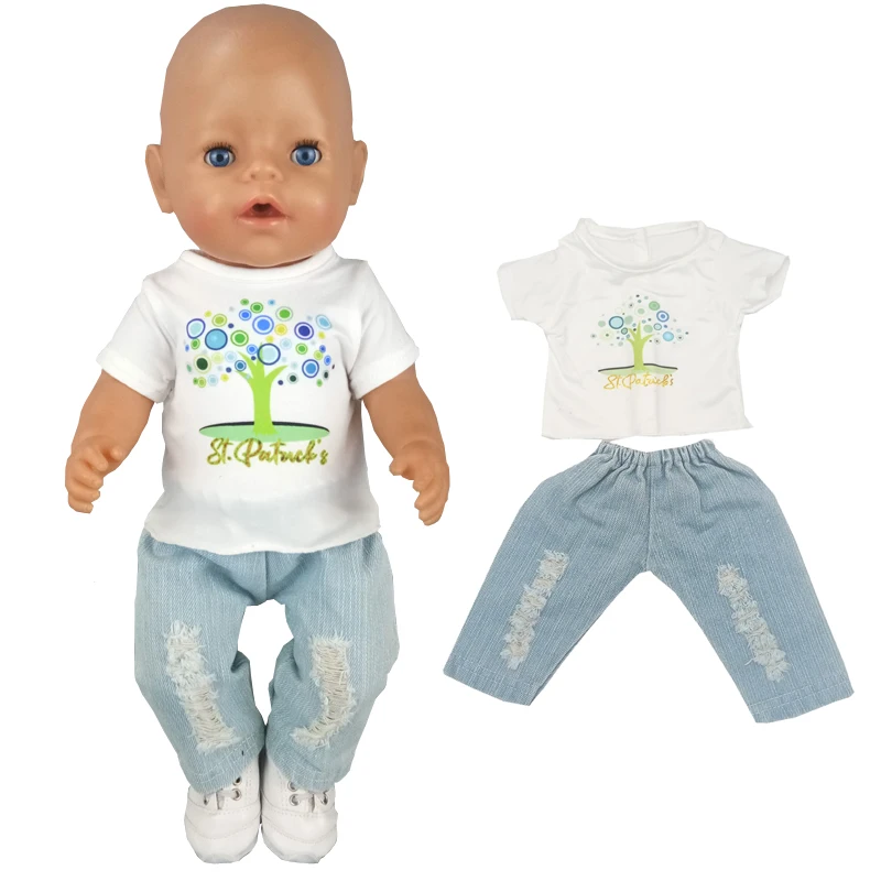 Newborn baby doll tee-shirt ripped jeans trousers 18 inch girl doll clothes white shirt denim pants