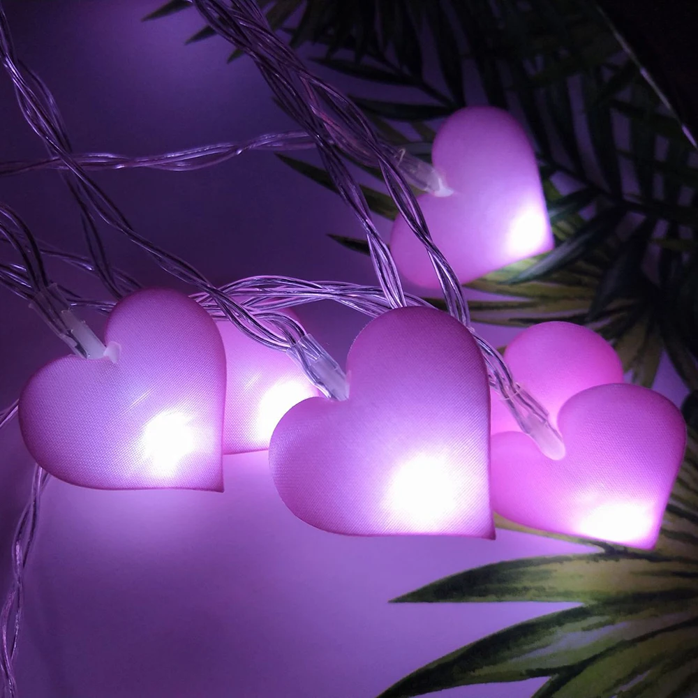 2pcs Love Heart LED String Light 10LED 20LED Battery Box Power Pink/Blue/Purple Cloth String Lights decorazioni per interni String