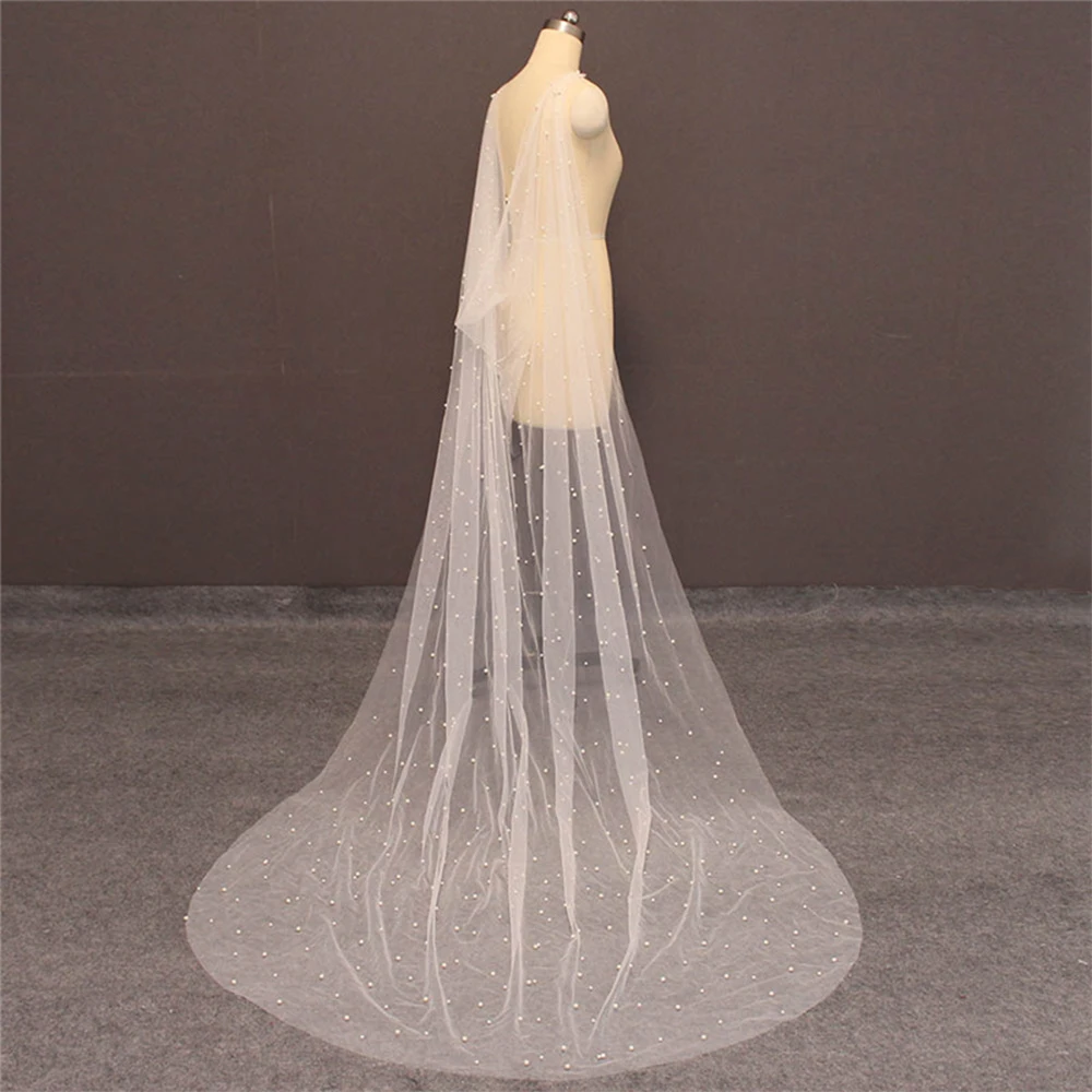 

Lady Pearl Beaded Long Shawl Wedding Bridal Shoulder Tulle Women Elegant Romantic Illusion Cape